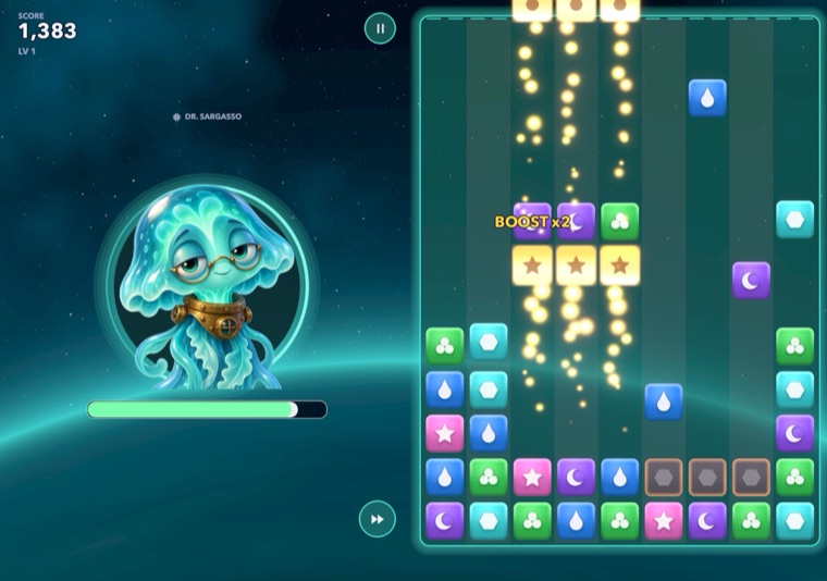 A boss fight on Brine on an open iPhone Duo: Dr. Sargasso on one page, the field on the other