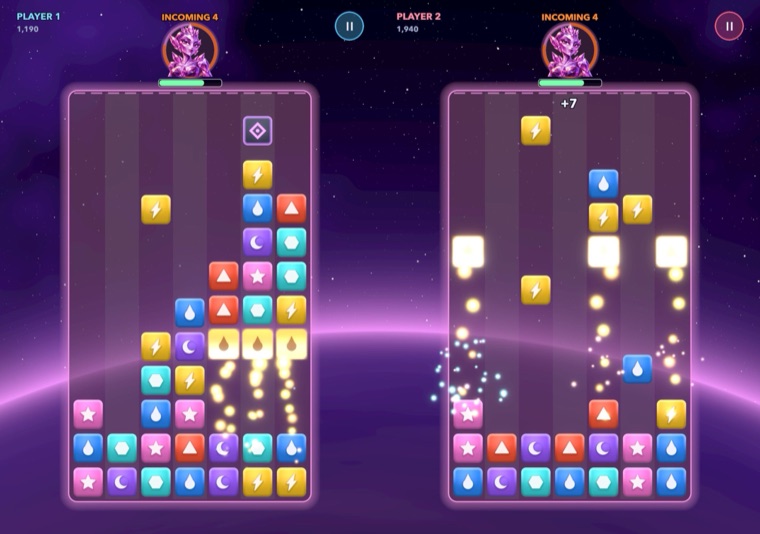 Team Boss on Glint: two players' fields side by side, both launching at the same keeper