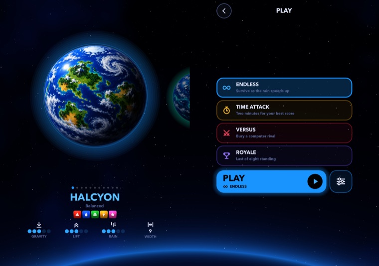 Choosing a world on an open iPhone Duo: the planet on one page, the modes on the other