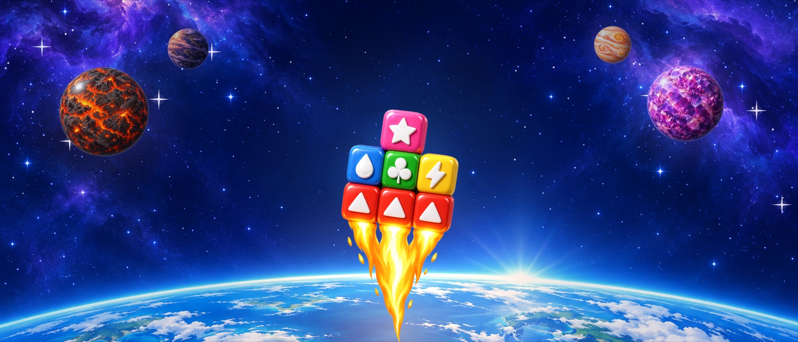 Starlift key art: a row of matched blocks ignites and lifts a stack off a blue planet